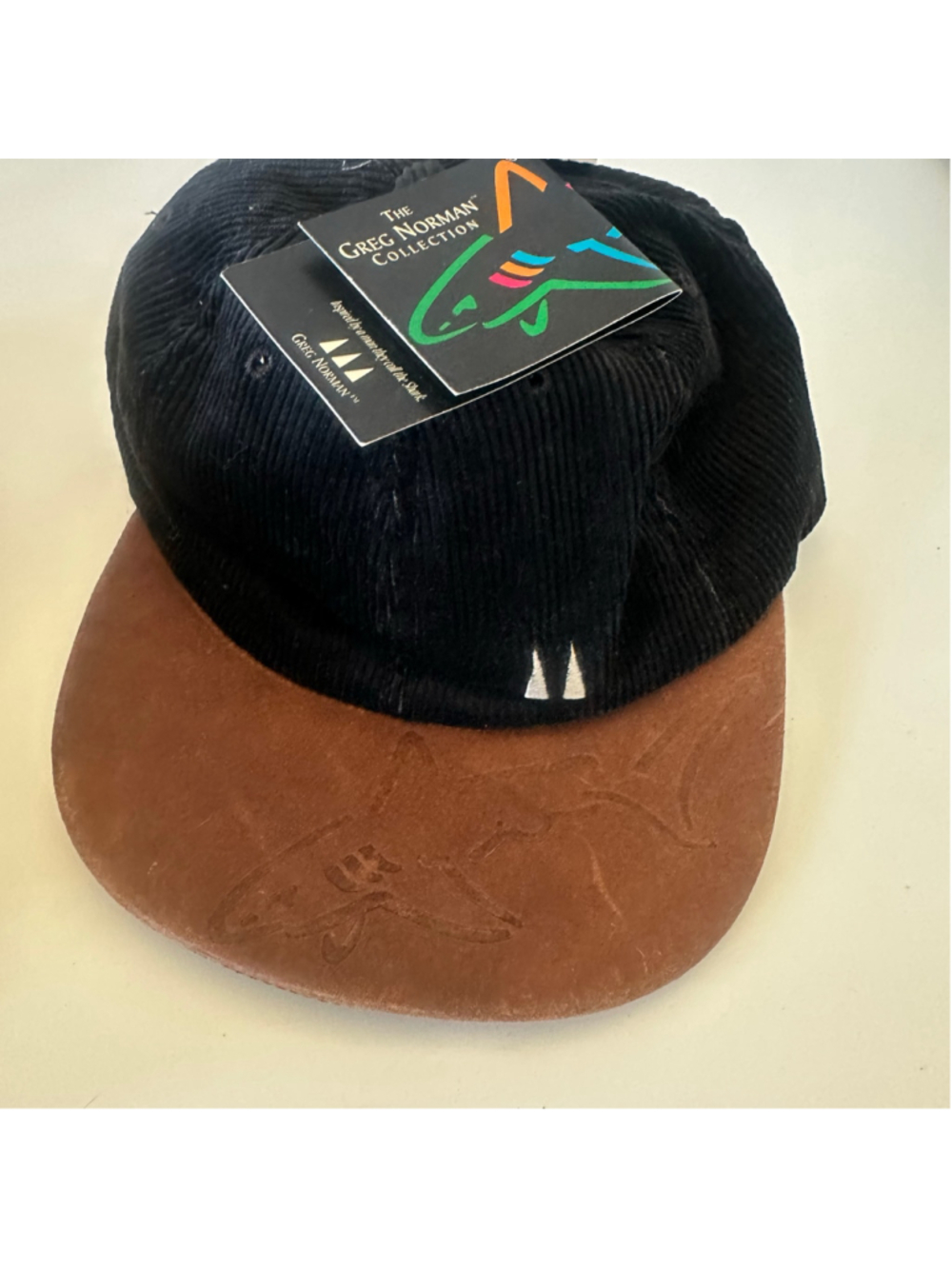 NWT Vintage 1996 Greg Norman Shark Black Corduroy Snapback Hat Brown Suede Brim